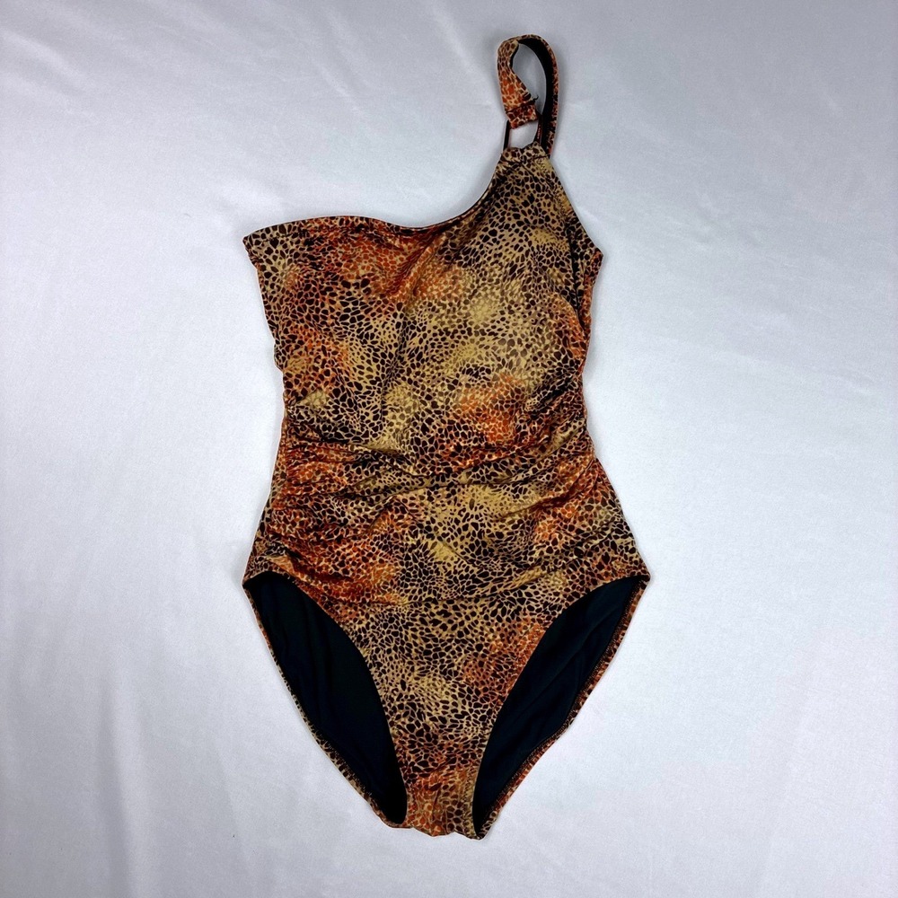Calvin Klein One Shoulder Swimsuit Womens XS Cheetah Animal Print Ruched Logo